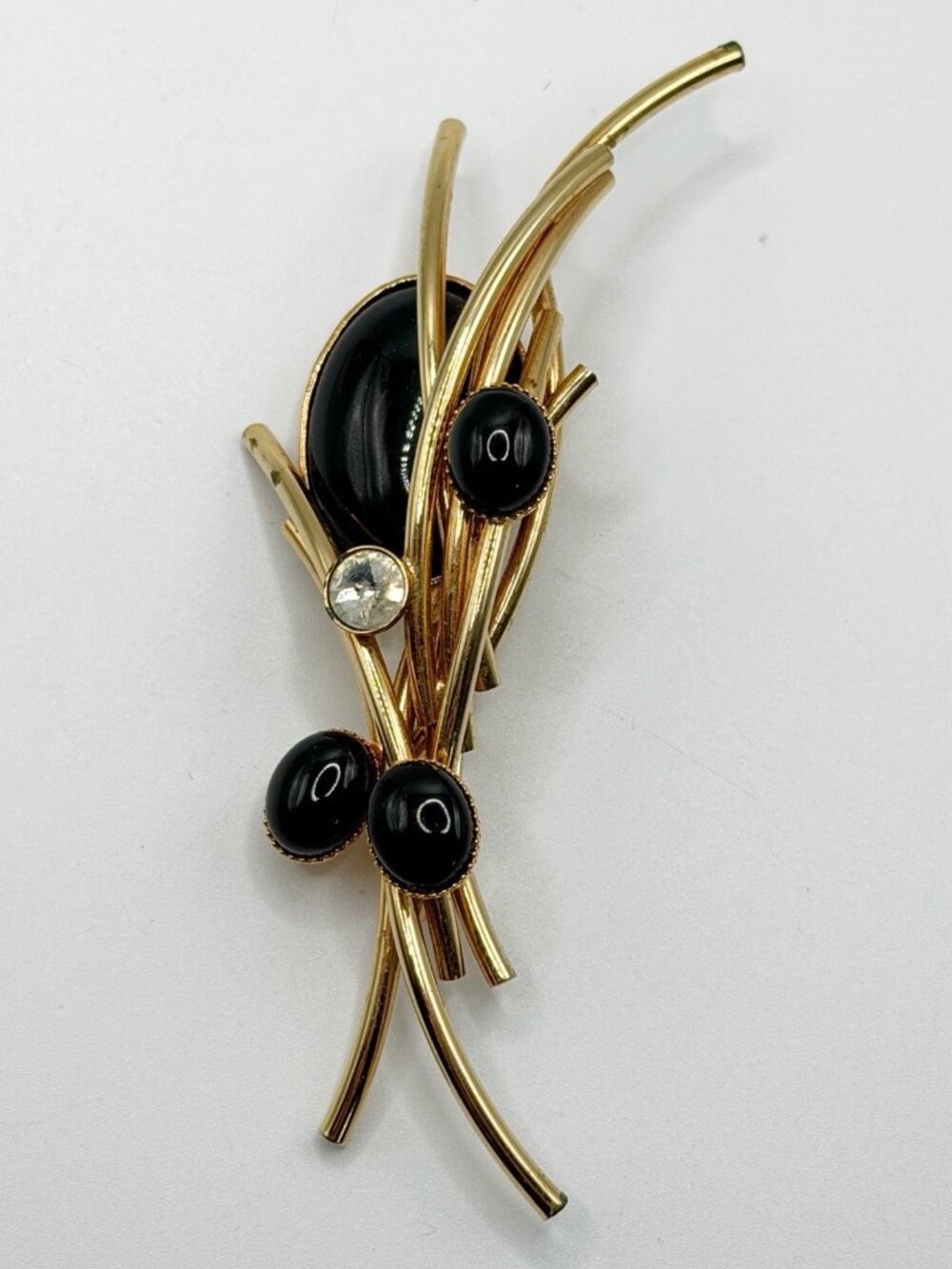 Gold Tone Black Stones Clear Rhinestone Spray Pin Brooch